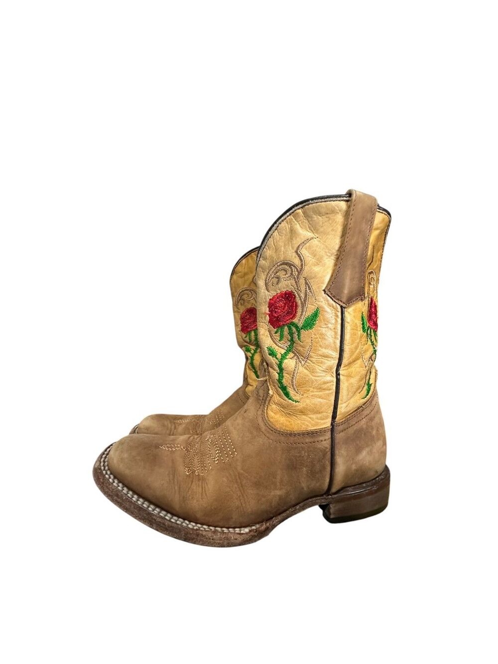 Silverton Kid's Honey Leather Square Toe Boots Western Cowboy Floral Ranch Sz 1